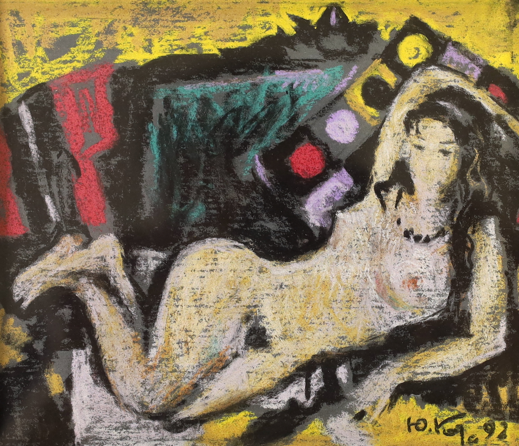 Yuri Kalyuta (Ukrainian) pastel, Nude female reclining, signed and dated 1992, 14cm x 12cm